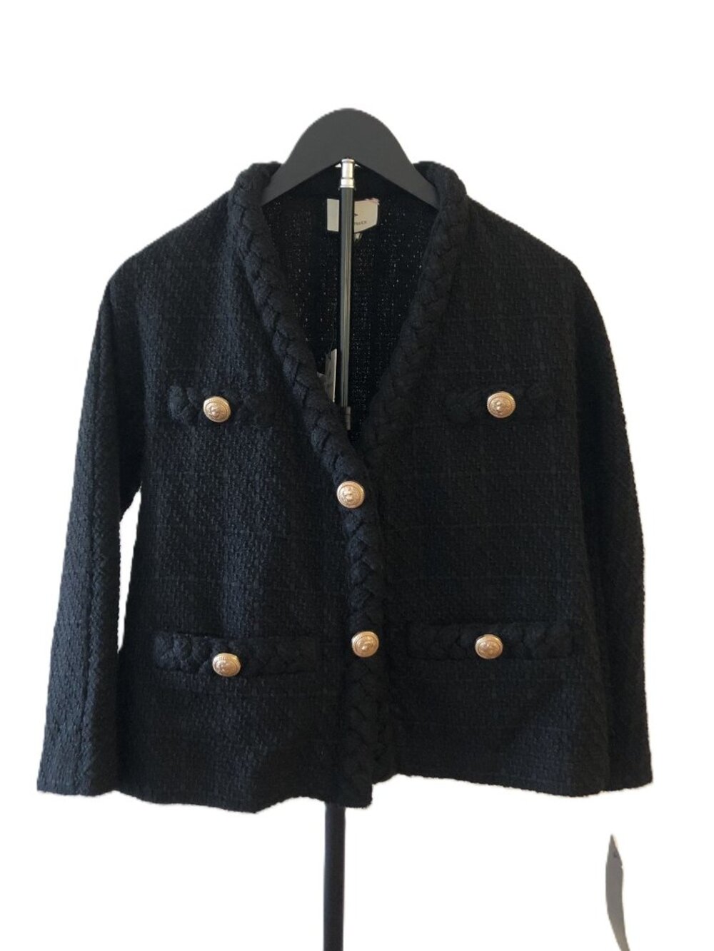 Tuckernuck Black Clodagh Tweed Jacket Size XS Gold buttons Textured Braided Snap